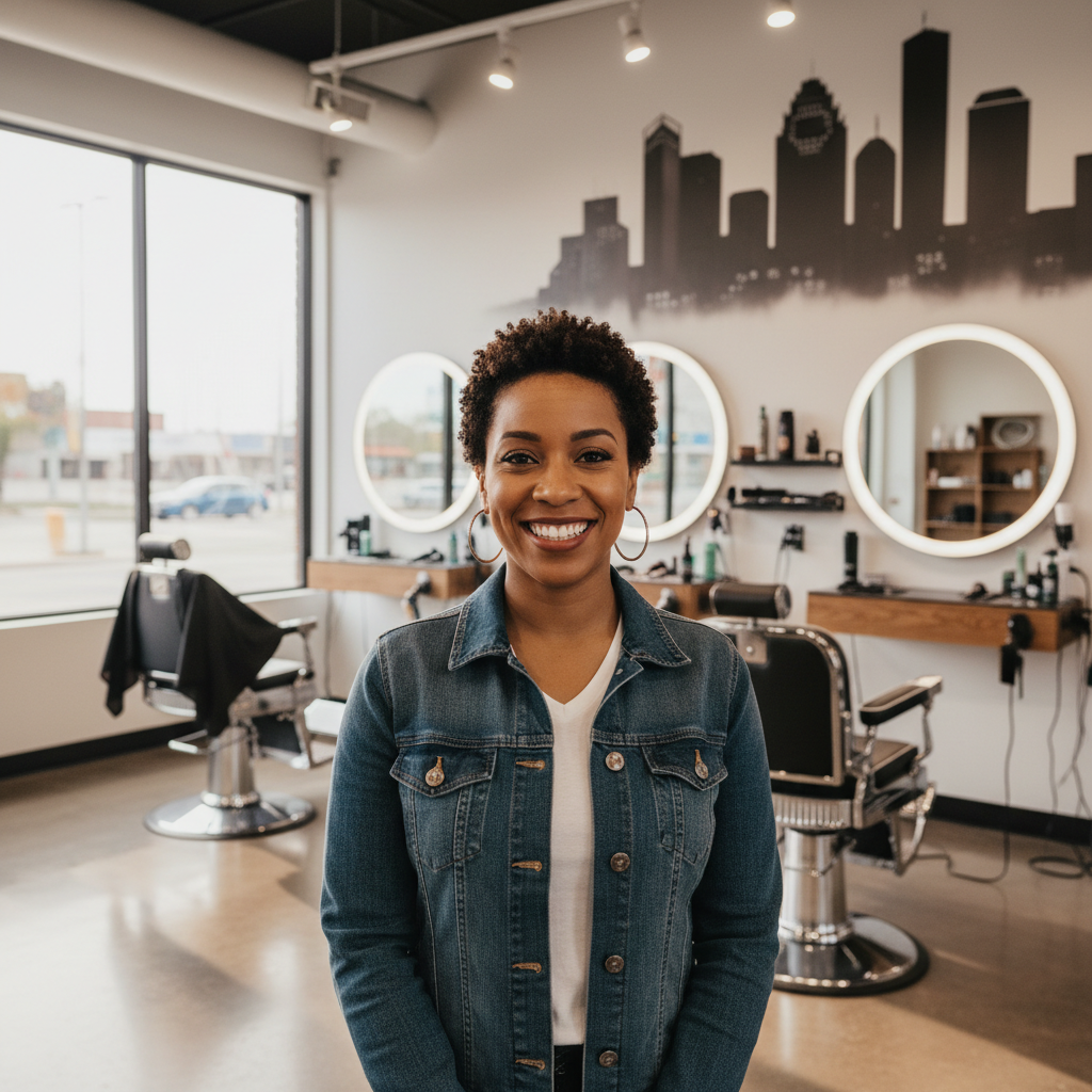 Sonia Martinez, former booth renter turned Fade franchise owner, standing in her Houston barbershop