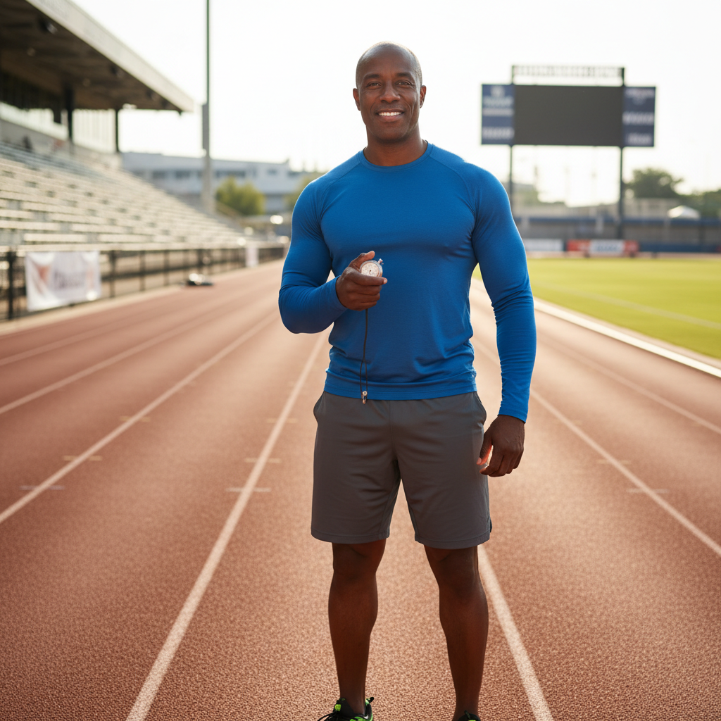 Coach Darius Webb, muscular Black man in his 30s, standing on track in athletic gear with stopwatch, confident expression