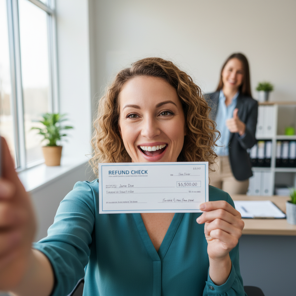 Customer selfie holding refund check with certified preparer in background
