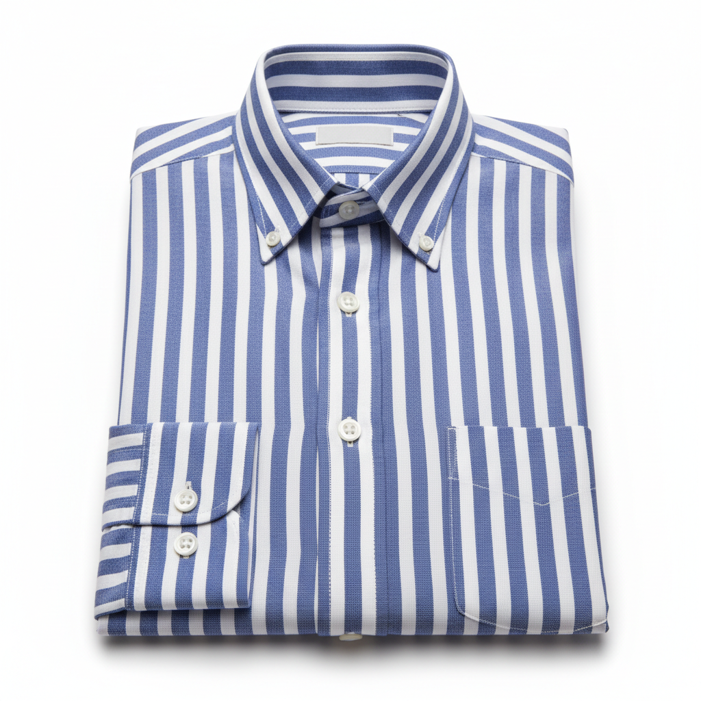 Striped short-sleeve button-down shirt in pastel blue and cream, preppy golf aesthetic