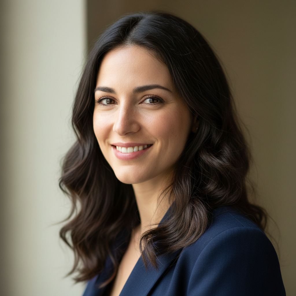 Italian woman with warm smile, author headshot, bright airy background, natural daylight