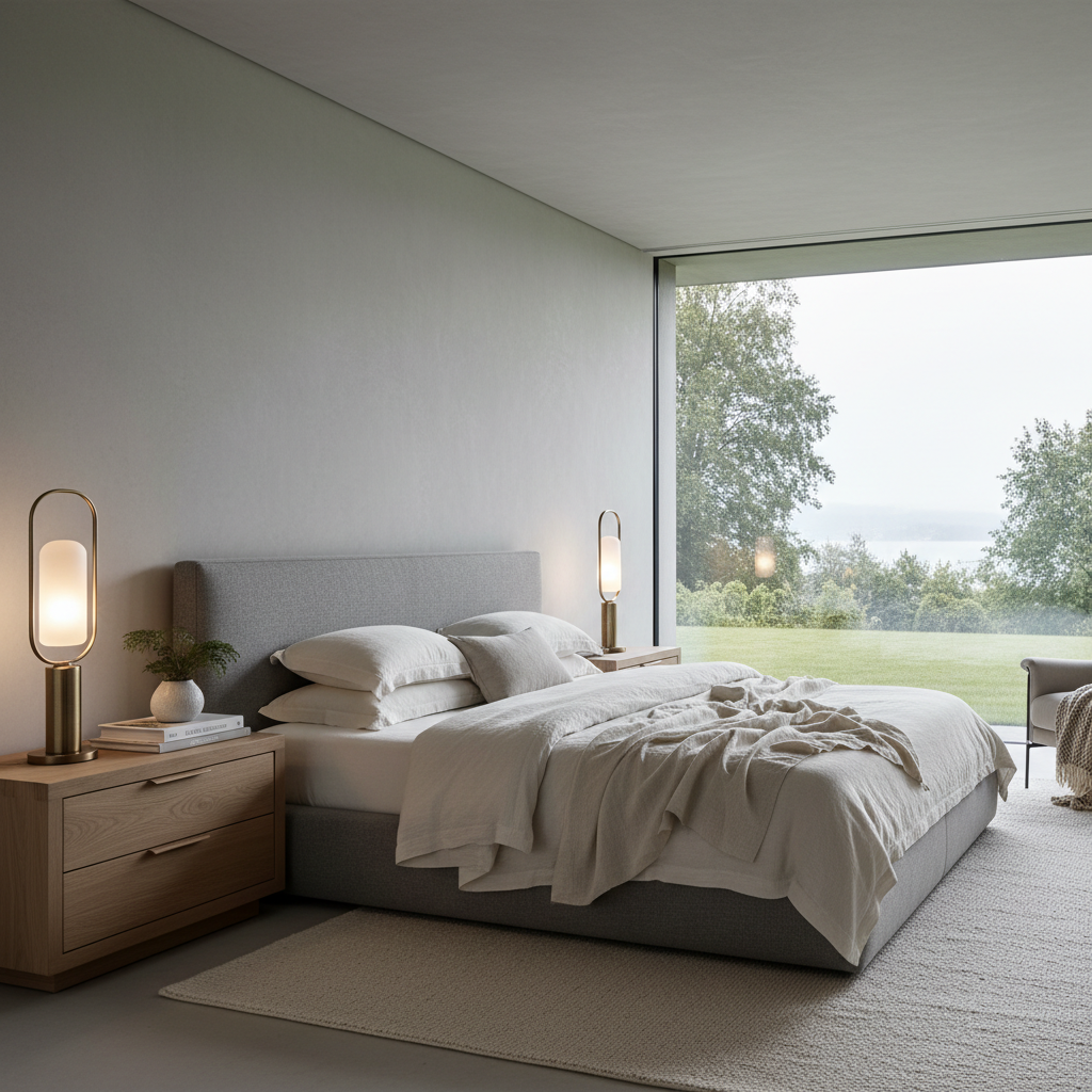 Serene master bedroom with linen drapes, tufted headboard, and warm ambient lighting creating a calm restful atmosphere