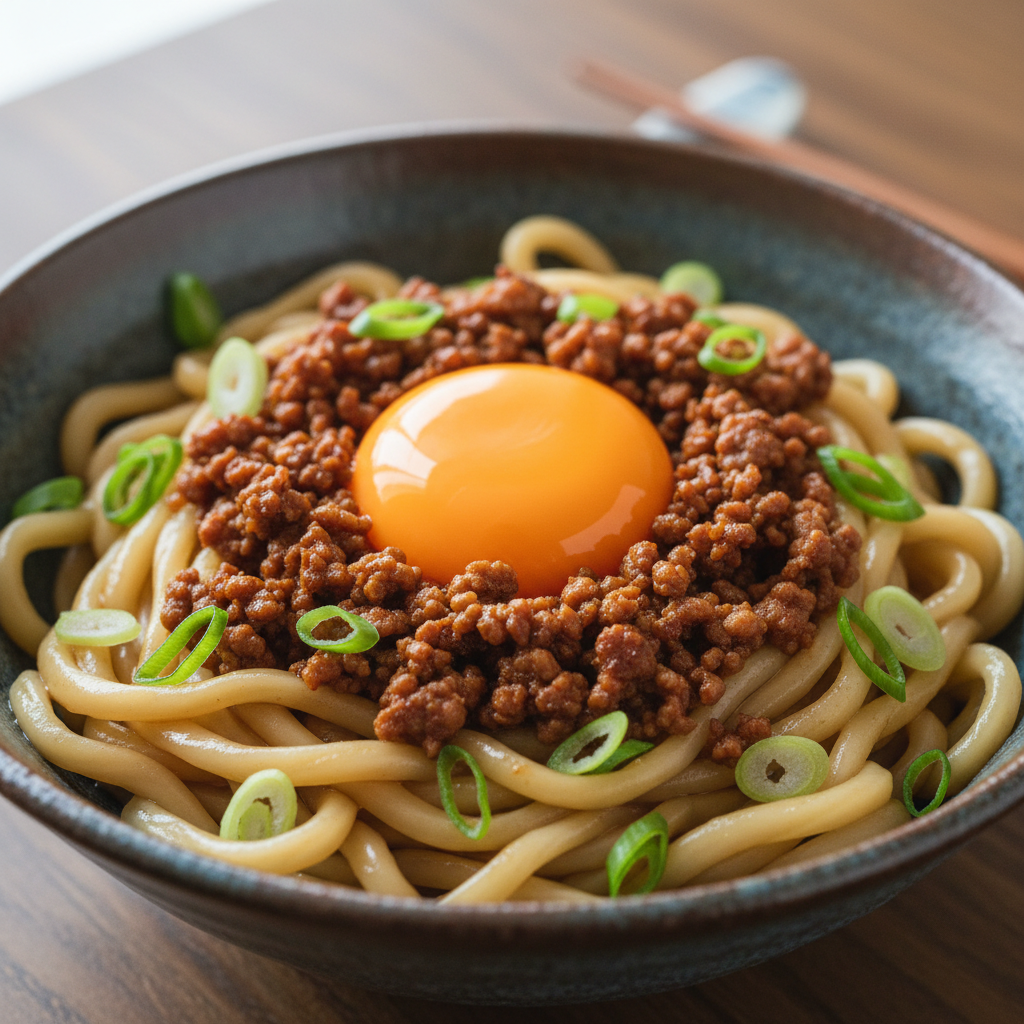 Mazemen dry ramen with thick noodles, raw egg yolk center, pork mince, and scallions ready to be tossed