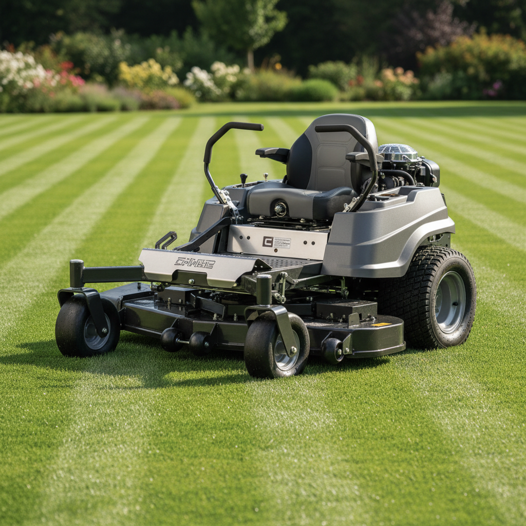 Commercial zero-turn mower on a green lawn with precise striping