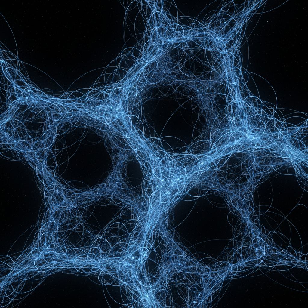 Dark cosmic web simulation showing gravitational filaments and voids, deep black background, faint blue-violet wisps