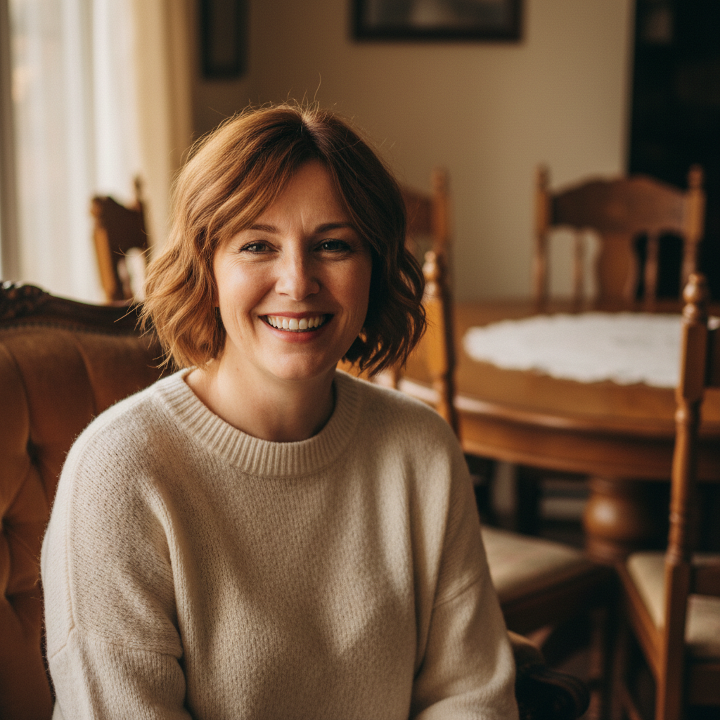 Margot Ellison, vintage furniture seller, smiling woman with short auburn hair