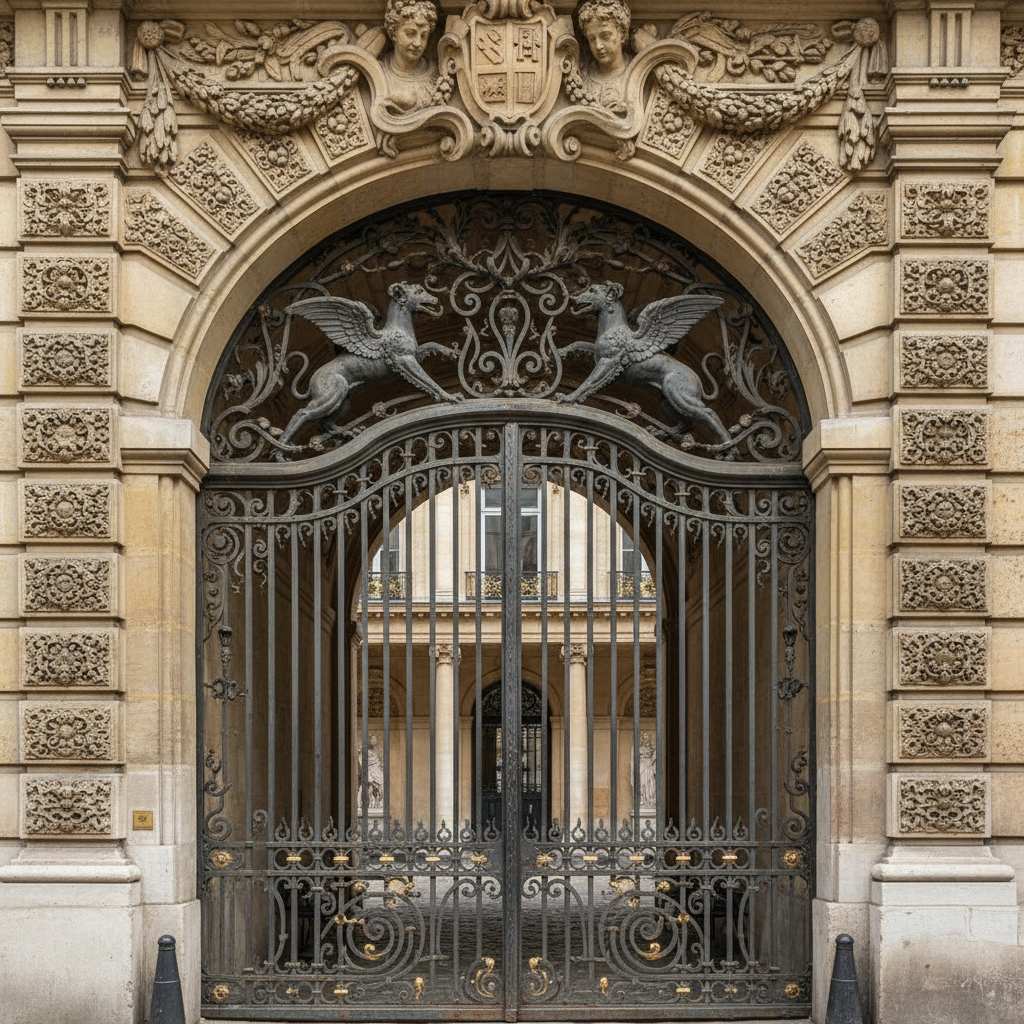Close-up editorial shot of ornate Haussmann building facade with iron gate and carriage entrance in Paris