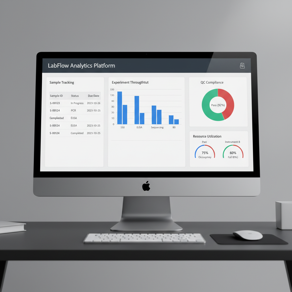 Digital laboratory management system dashboard displayed on computer screen with test data analytics