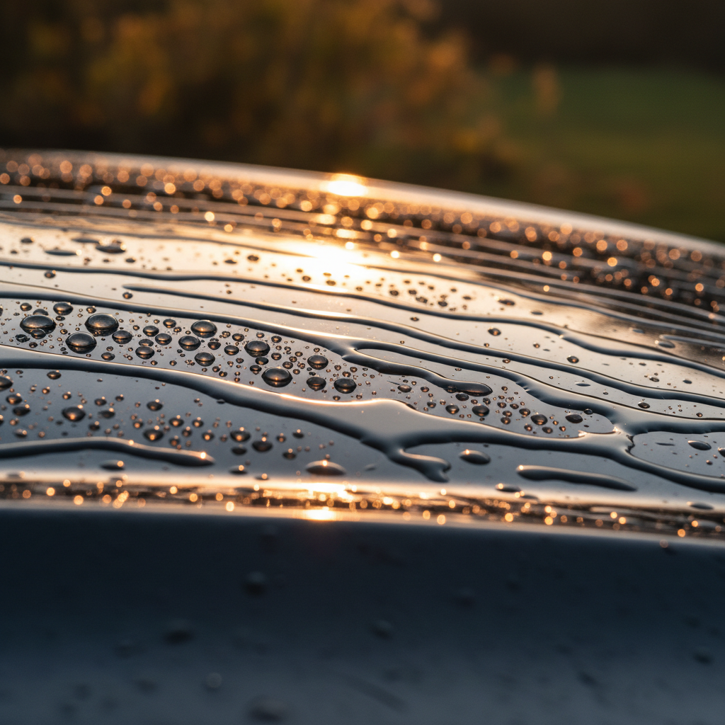 Close-up macro shot of water beading and sheeting off a dark ceramic-coated car hood at golden hour