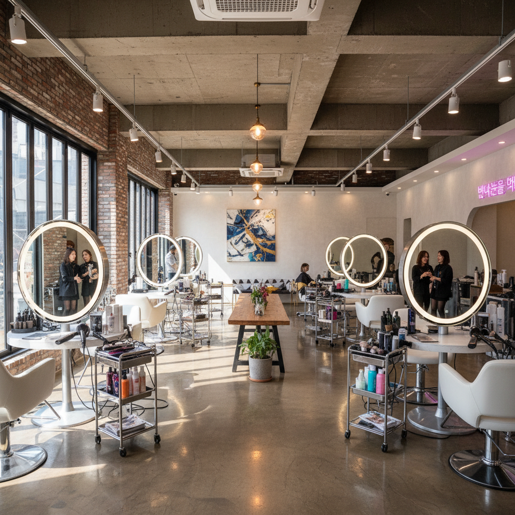 Modern hair salon with styling stations, warm lighting, and professional equipment