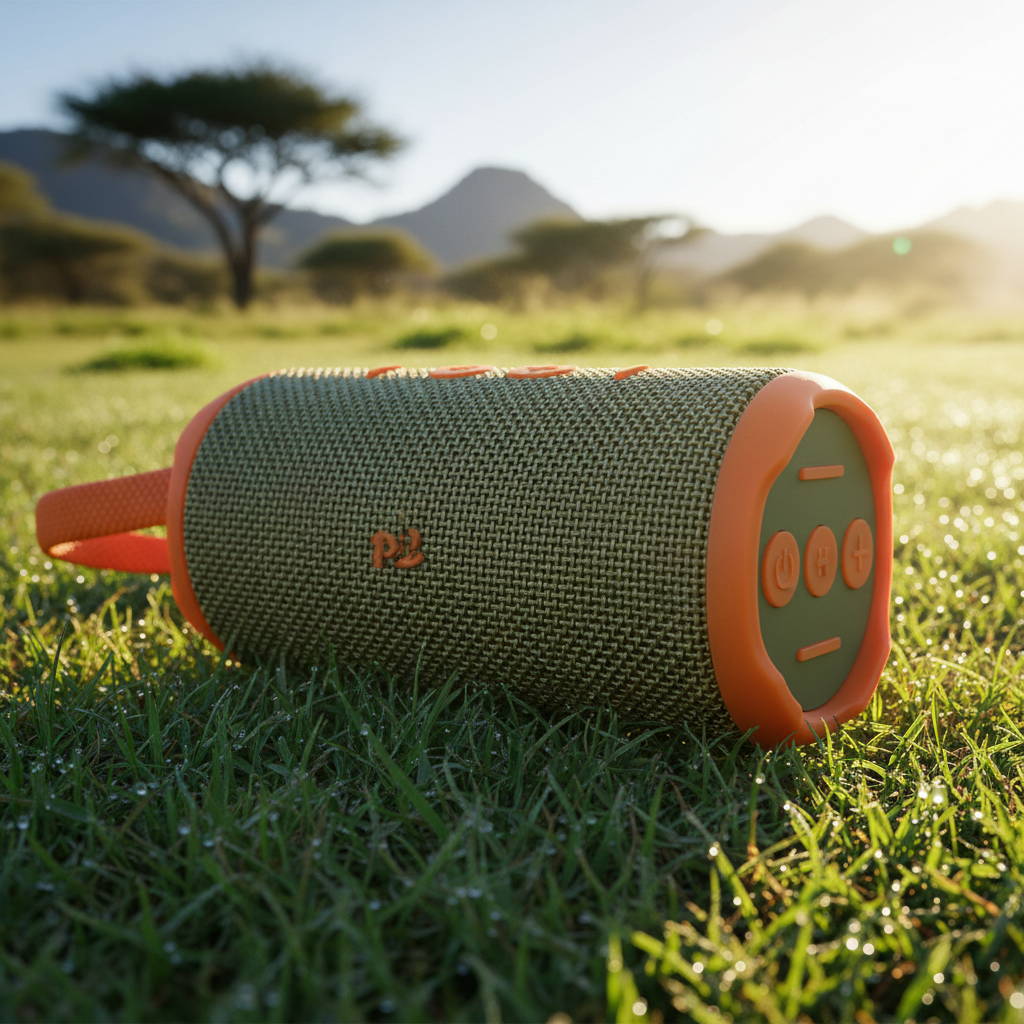 Portable cylindrical speaker outdoors in bright South African sunlight perfect for outdoor activities