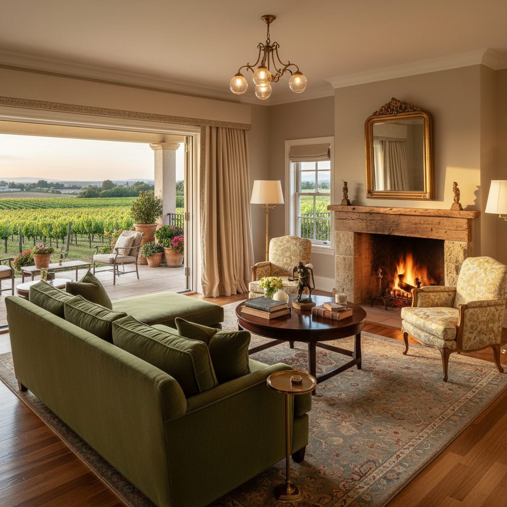 Estate Vine Suite, stone fireplace, deep olive upholstery, antique brass fixtures, private terrace with vineyard views