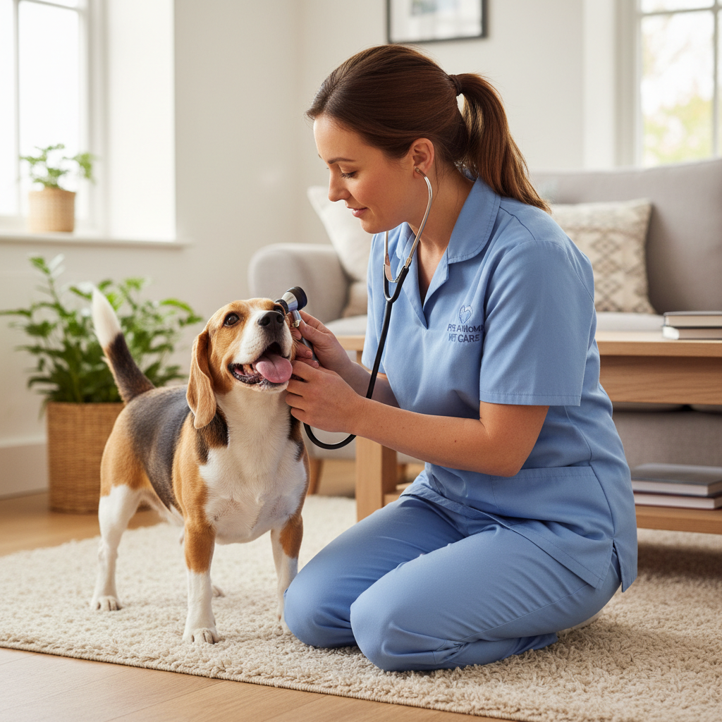 Pet care professional visiting a home, playing with a happy dog in a bright living room