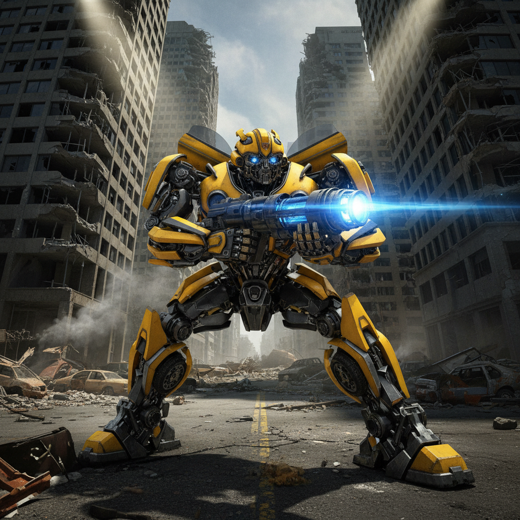Transformers Optimus Prime and Bumblebee action figures in metallic industrial setting