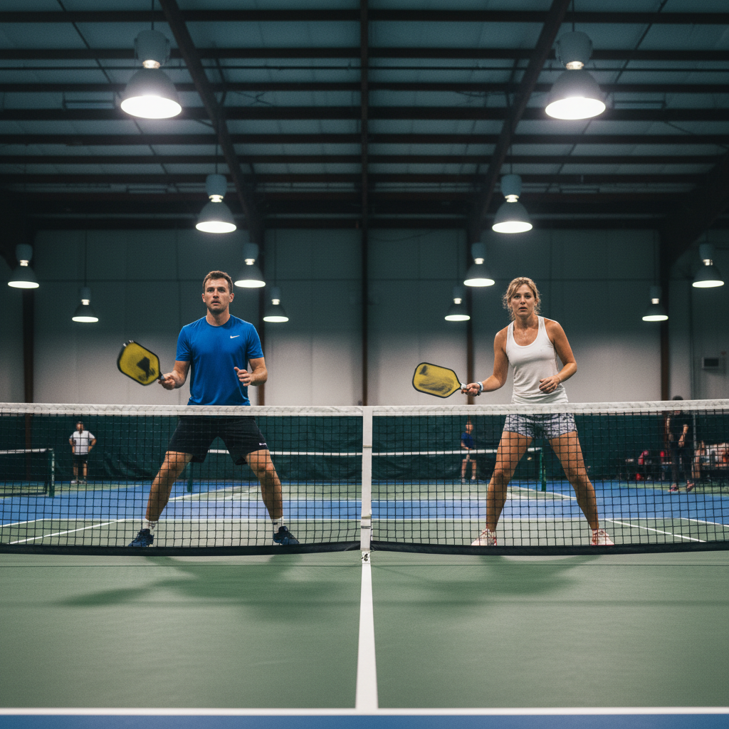 Two pickleball players frozen mid-exchange at the kitchen line, paddle faces blurred with speed, sweat visible on forearms, net bisecting the frame horizontally, overhead industrial pendant lights visible in upper third