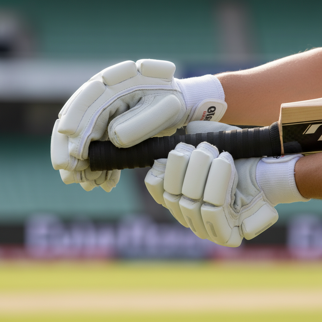 Close-up of gloved hands gripping a cricket bat handle, white batting gloves against the dark rubber grip, shallow depth of field
