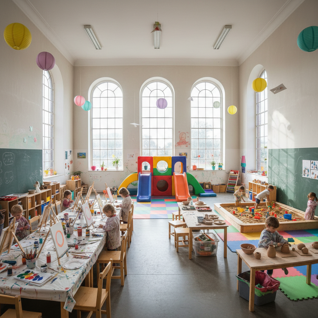 Child playing creatively in bright colourful open room with natural sunlight