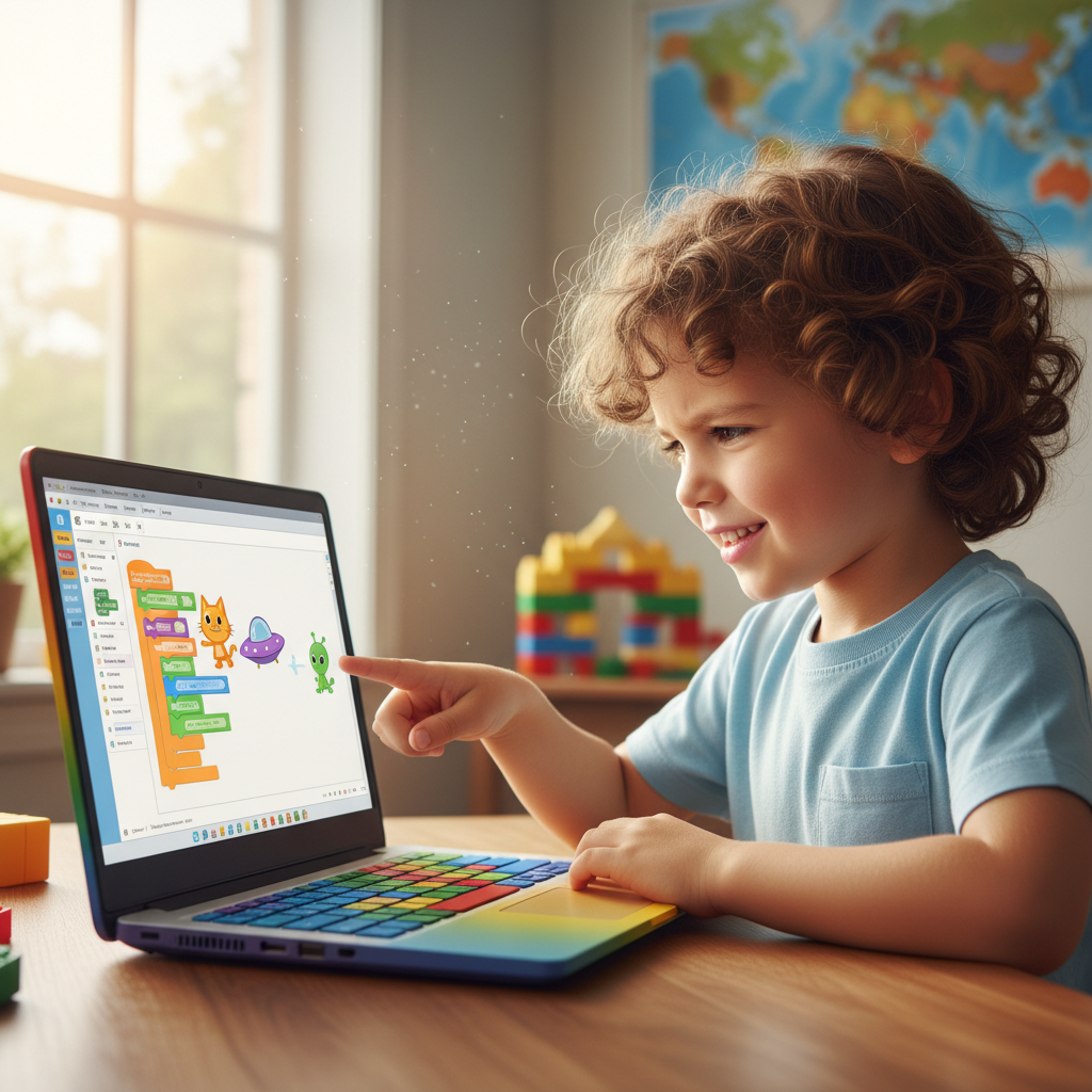 Child using Scratch on a colorful laptop with animated characters on screen