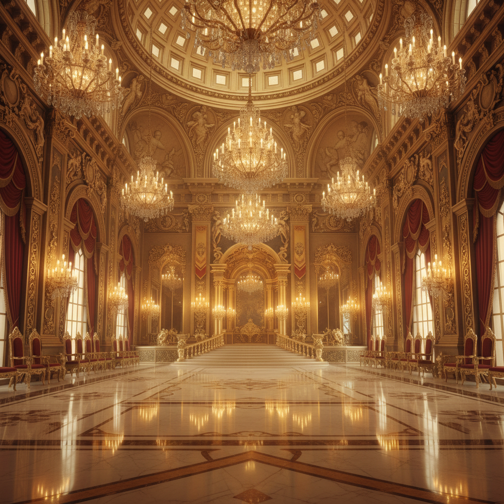 Grand palace ballroom with crystal chandeliers, gilded columns, polished marble floors, and arched windows draped in ivory silk