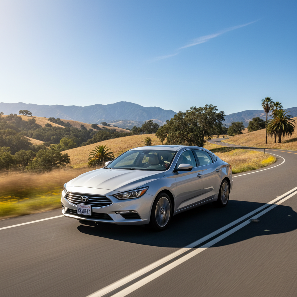 Silver midsize sedan on an open road in California, representing Cruvora midsize rental category