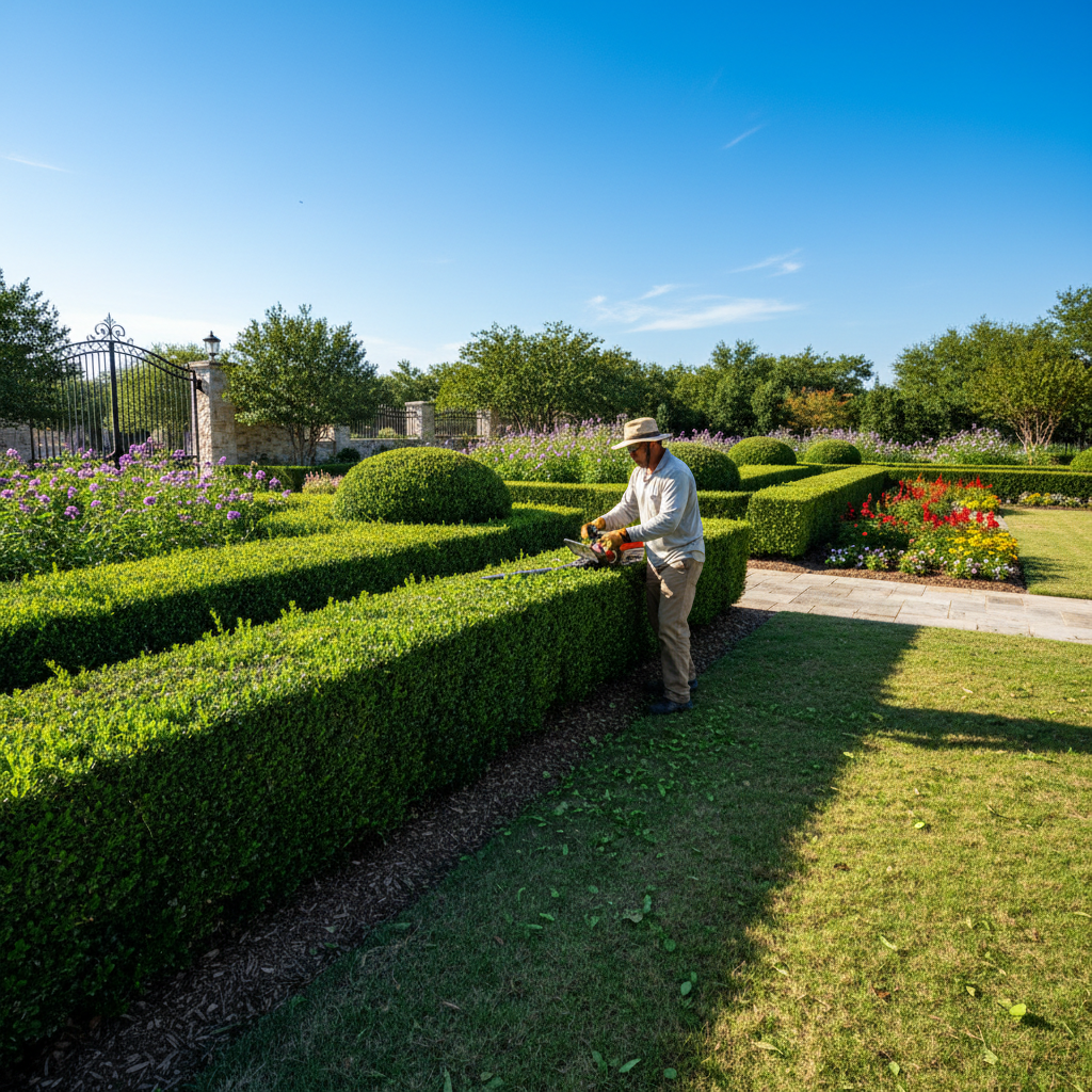 Sunscape landscaping crew member trimming garden hedges with precision on a sunny Austin morning