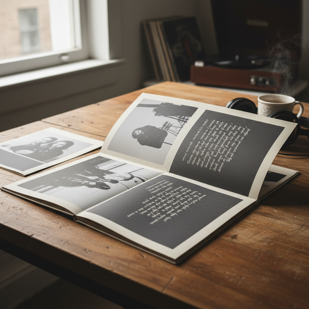 Open photography zine with handwritten shooting notes, exposure tables, and black and white sample photographs