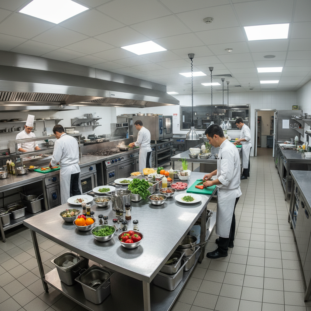 Professional hotel kitchen with stainless steel surfaces, mise en place stations, and culinary team at work