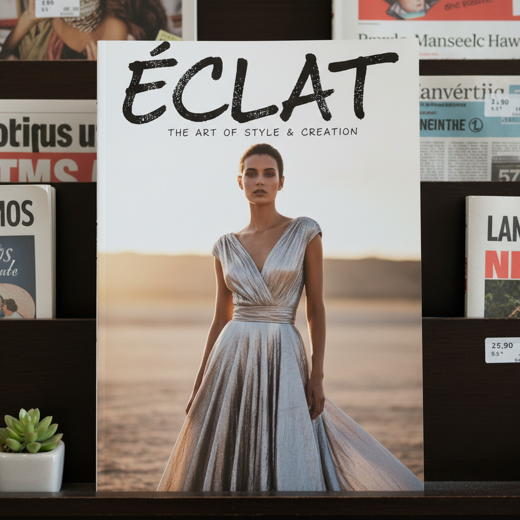 Éclat Magazine cover on newsstand showing hand-lettered masthead printed at full scale with visible ink texture and letterform character