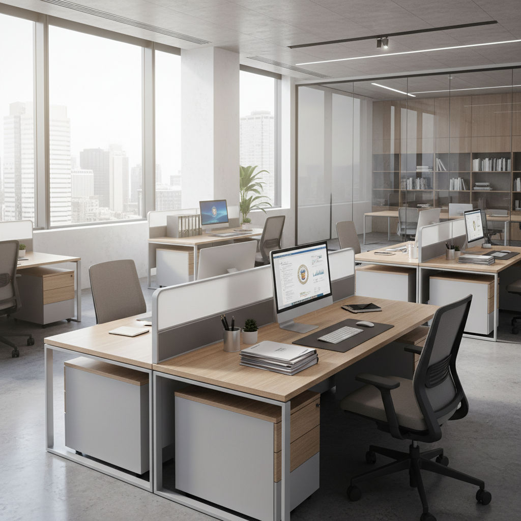 Modern clean office workspace with organized desk, computer, and natural lighting representing professional administrative environment