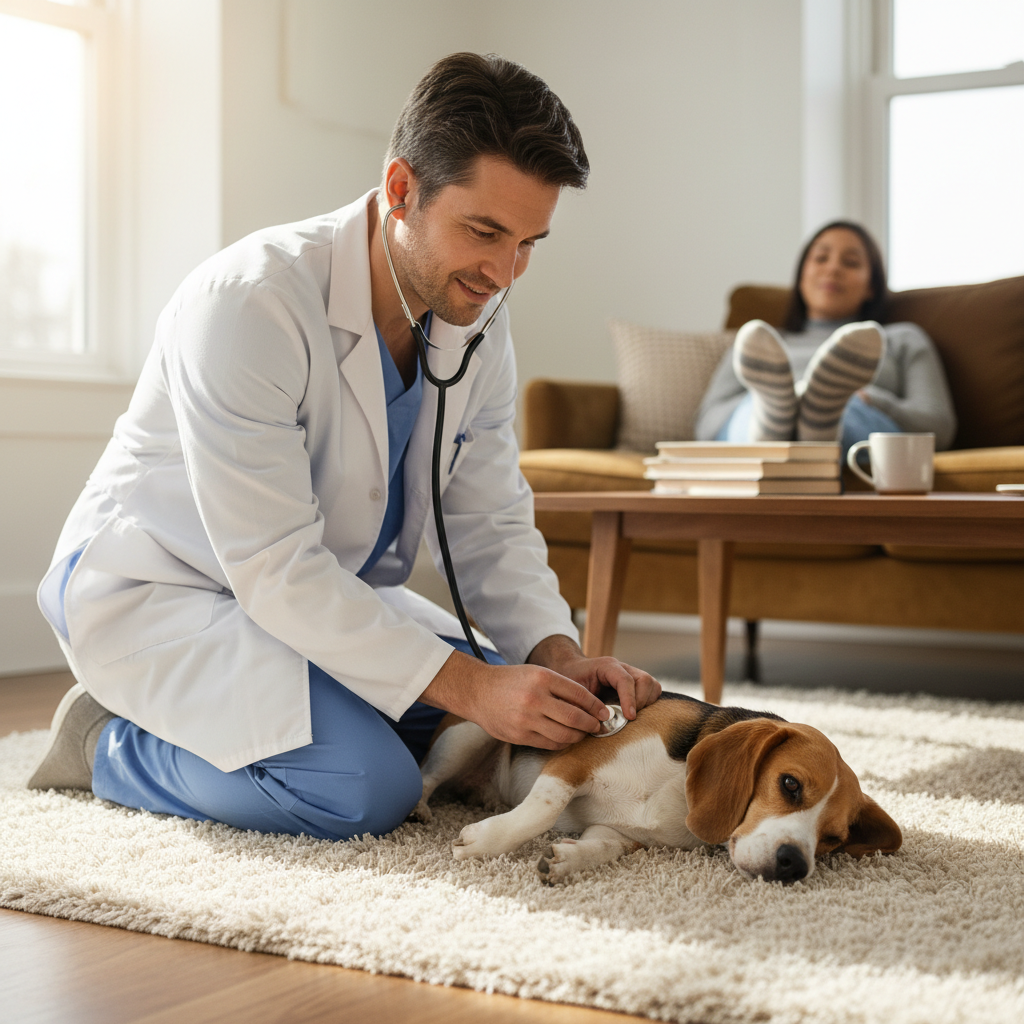 Veterinarian kneeling on a living room rug examining a calm beagle with a stethoscope, owner's socked feet visible on the couch behind