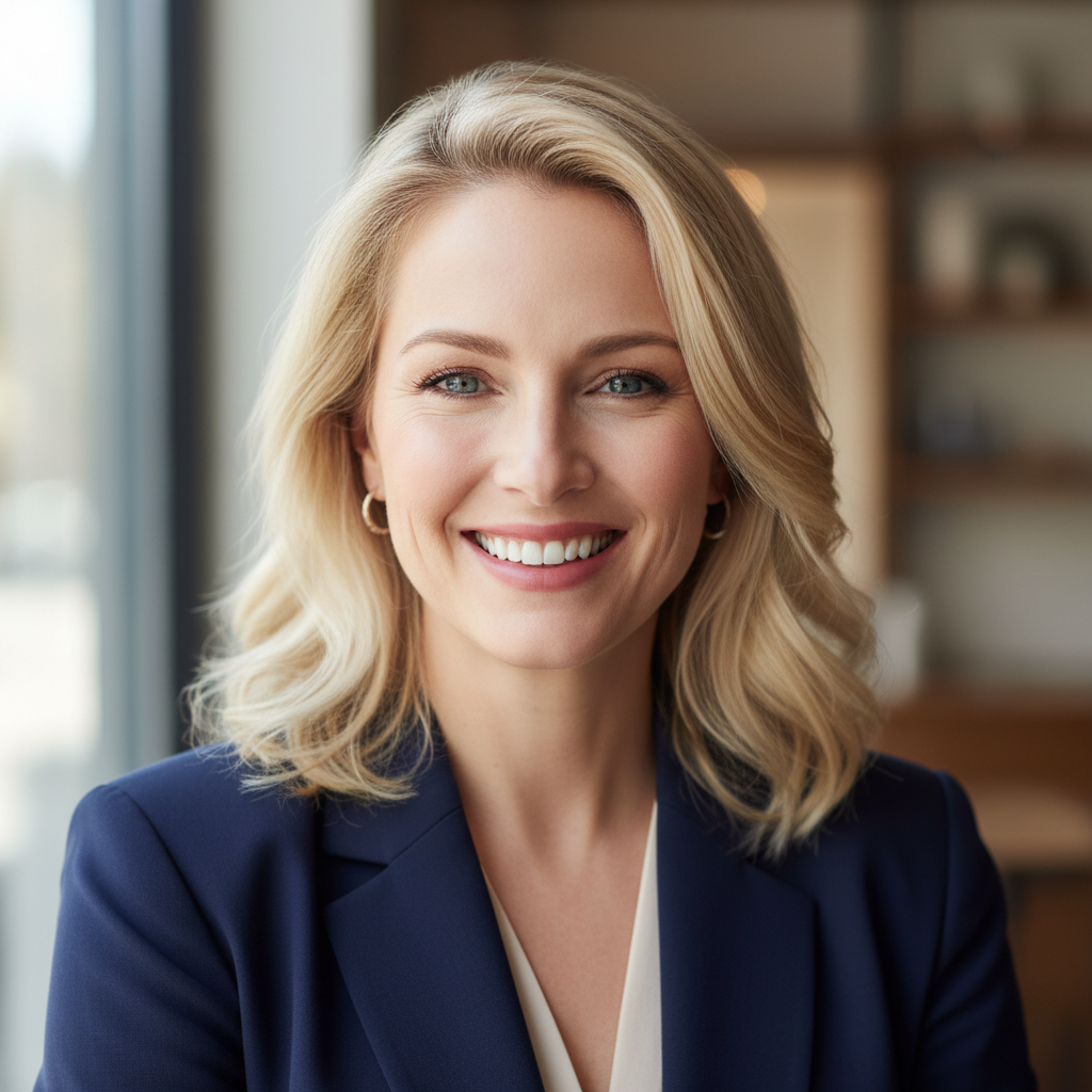 Professional headshot of Sarah Mitchell, blonde female fitness coach in navy blazer smiling confidently