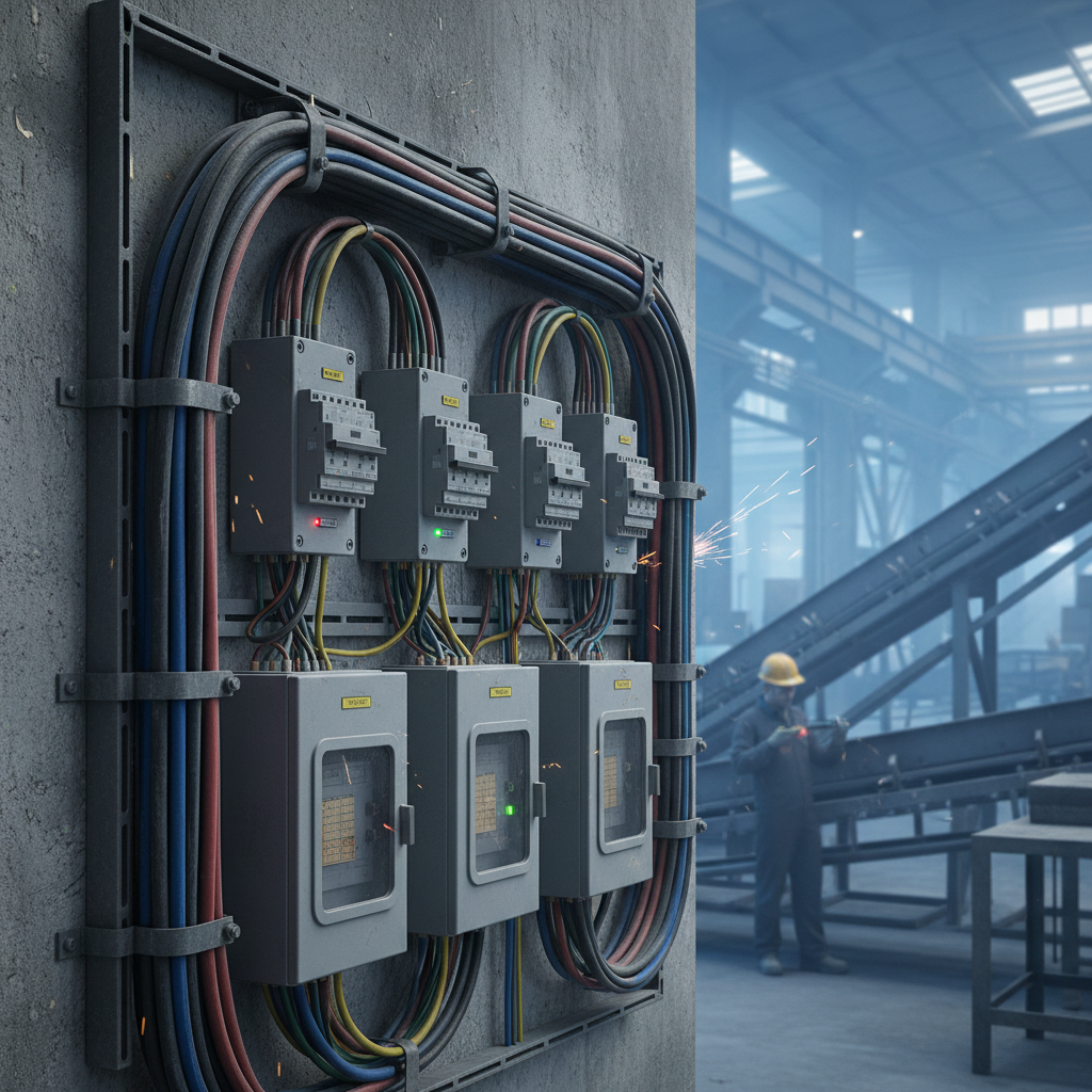 Panel eléctrico con cableado y disyuntores en un entorno industrial