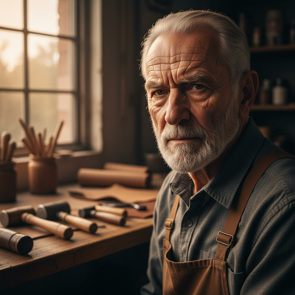 Portrait of a weathered craftsman in a workshop with leather tools visible in background