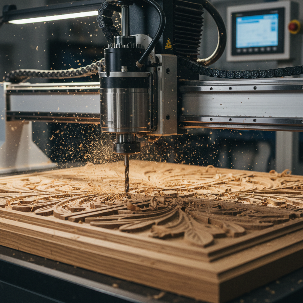 Custom lumber cutting machine in a workshop with sawdust, precision cutting