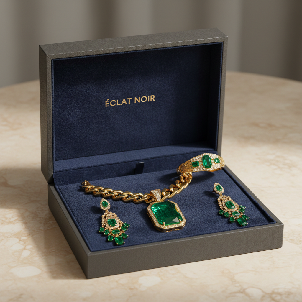 Elegant gift box with velvet lining containing statement jewelry pieces