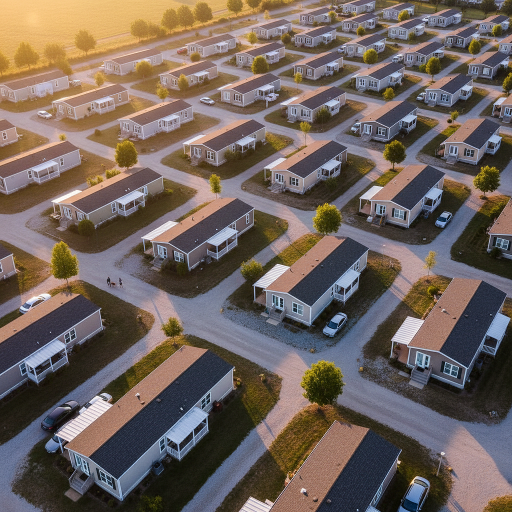 Aerial view of modular home community at golden hour with long shadows across gravel driveways