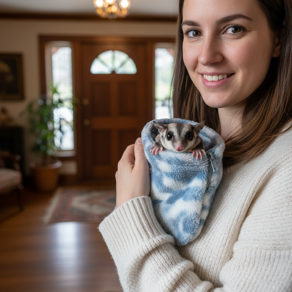 Owner holding bonding pouch with freshly groomed glider, smiling at camera in parlor doorway