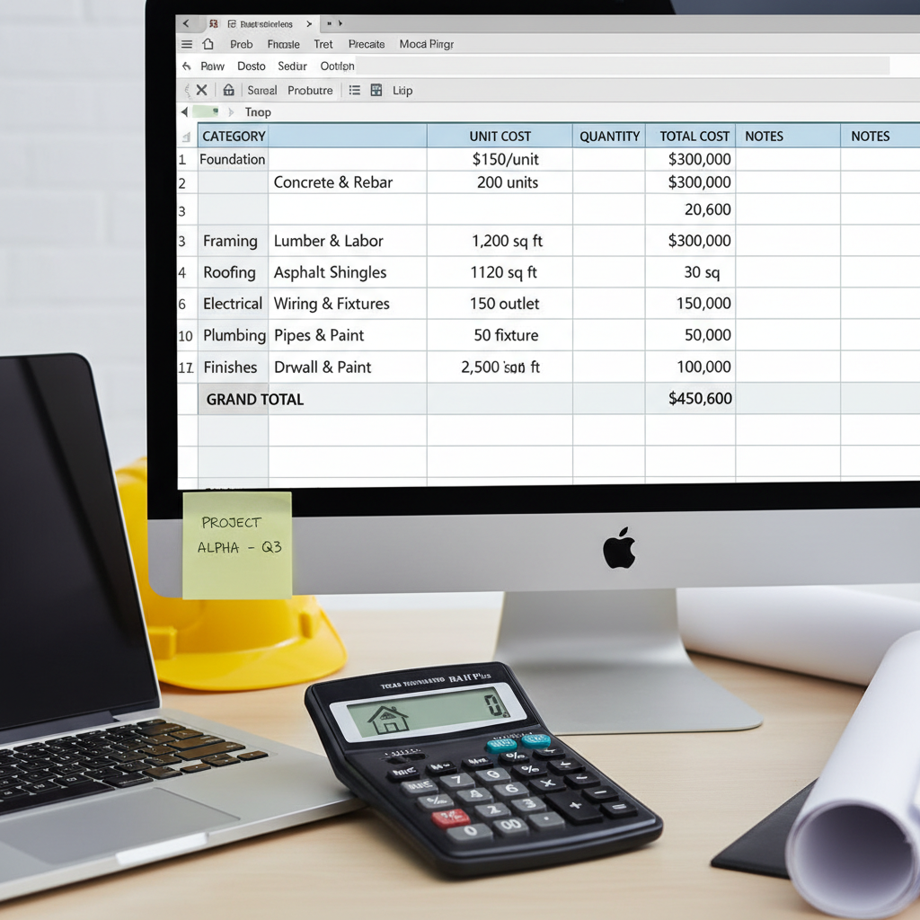 Spreadsheet document with itemized construction costs, quantities and unit rates in organized columns on bright screen