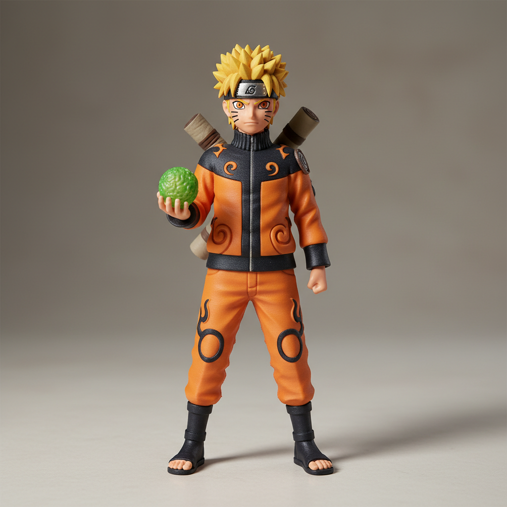 Naruto Uzumaki action figure in orange Sage Mode outfit with detailed facial markings in bright display