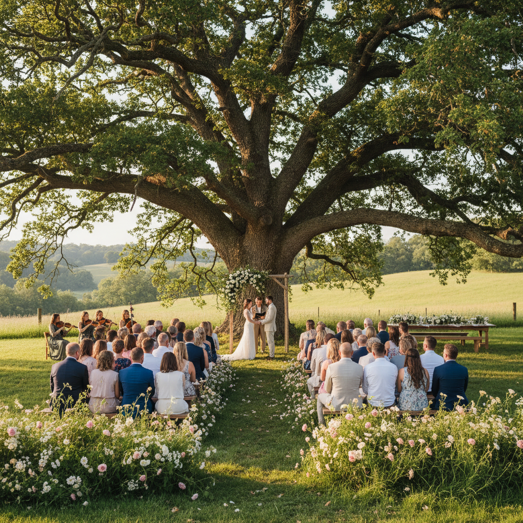 Intimate farmstead ceremony with 62 guests seated in rows under a century-old oak canopy at Rosewood Farm