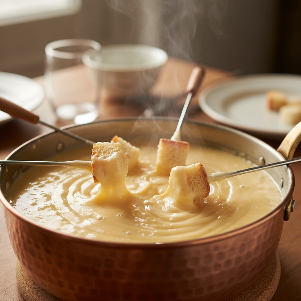 Close-up of bubbling golden Gruyère fondue in a copper pot, steam rising