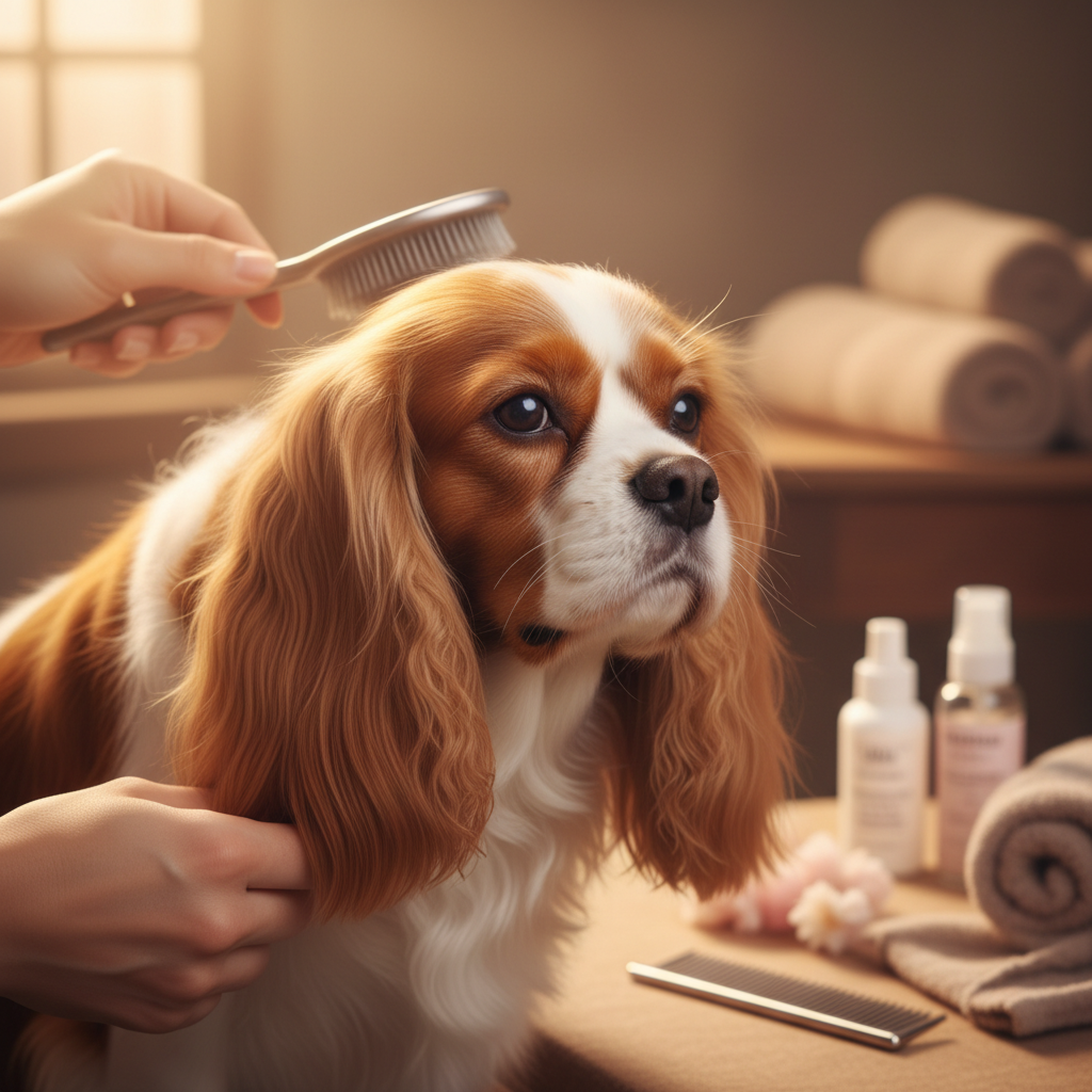 Cavalier King Charles Spaniel being gently groomed, soft brush, warm light, calm and content expression