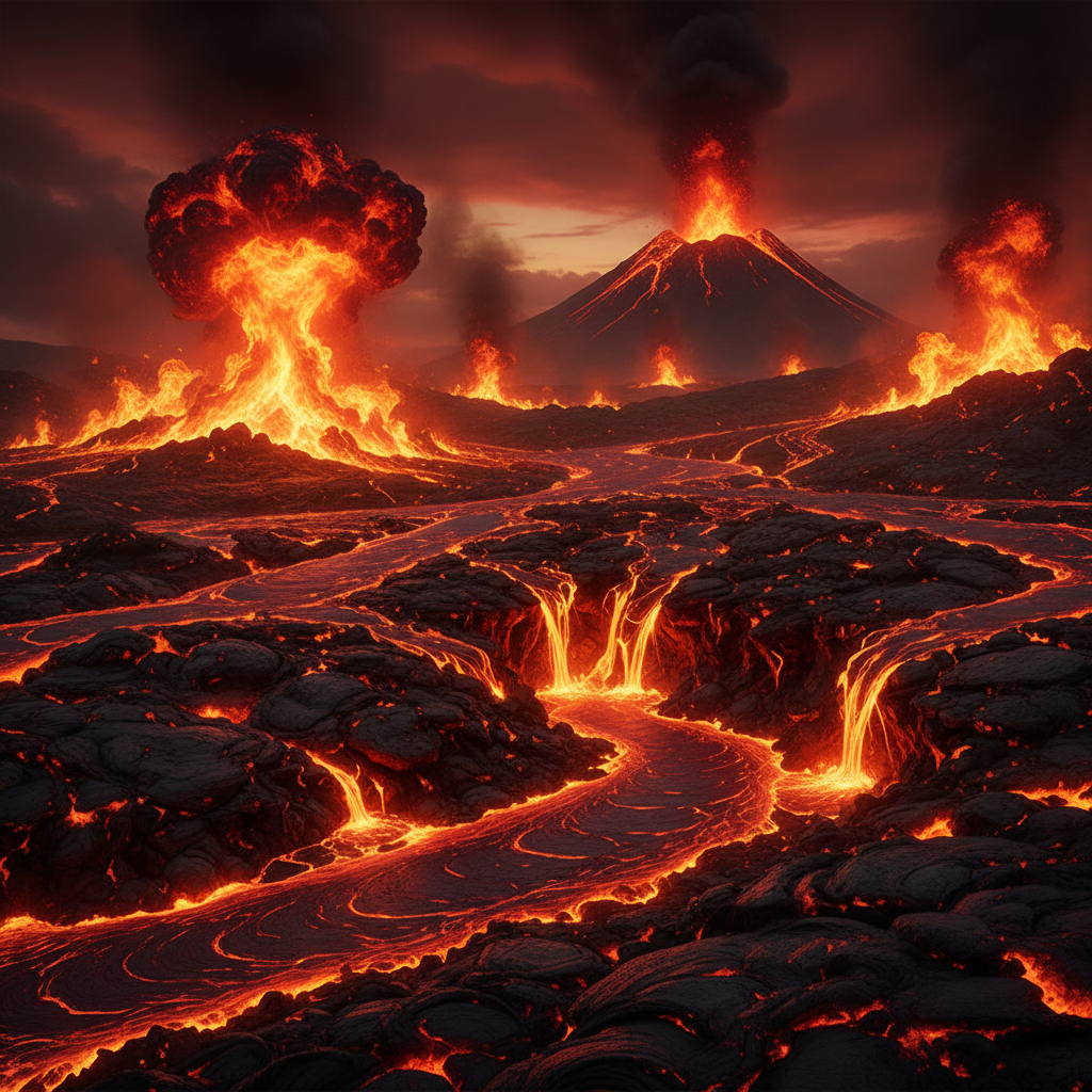 Hellish environment with fire and lava, intense red and orange lighting, demonic atmosphere