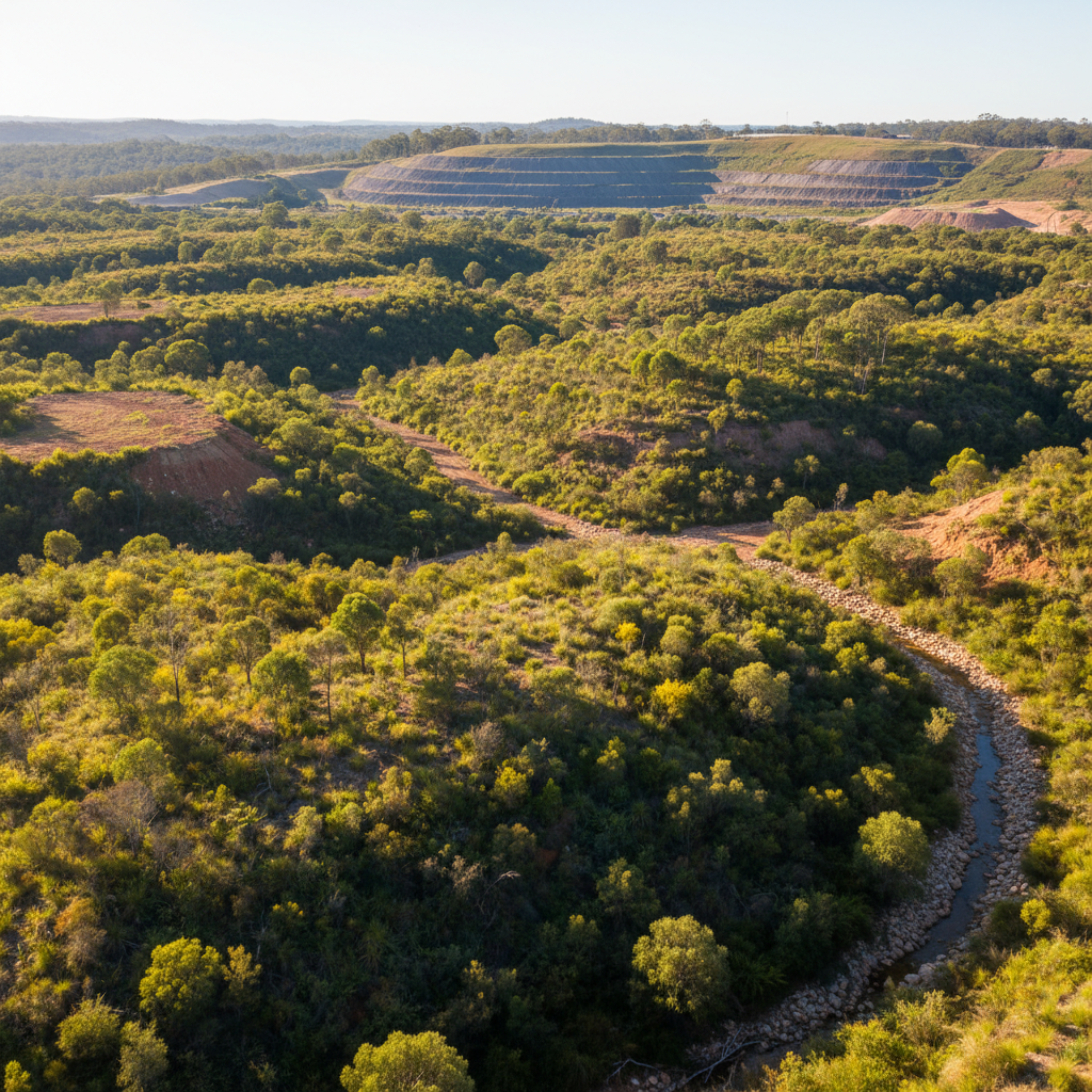 Revegetated former mine site with native Australian bushland returning to rehabilitated ground