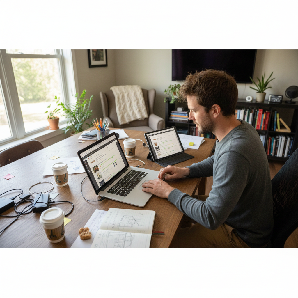 Freelancer working on laptop at home with multiple client projects open on screen