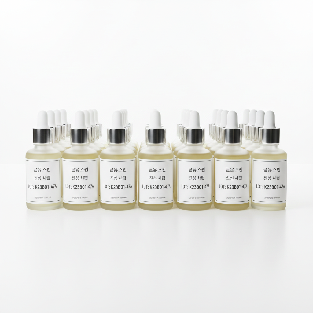 Korean serum bottles in wholesale packaging with lot numbers visible