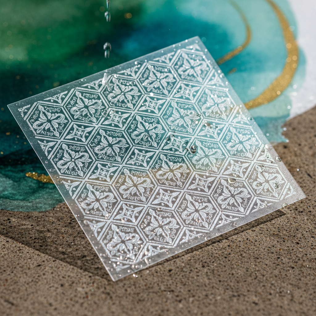 Baker applying airbrush stencil to white cake to create delicate botanical pattern