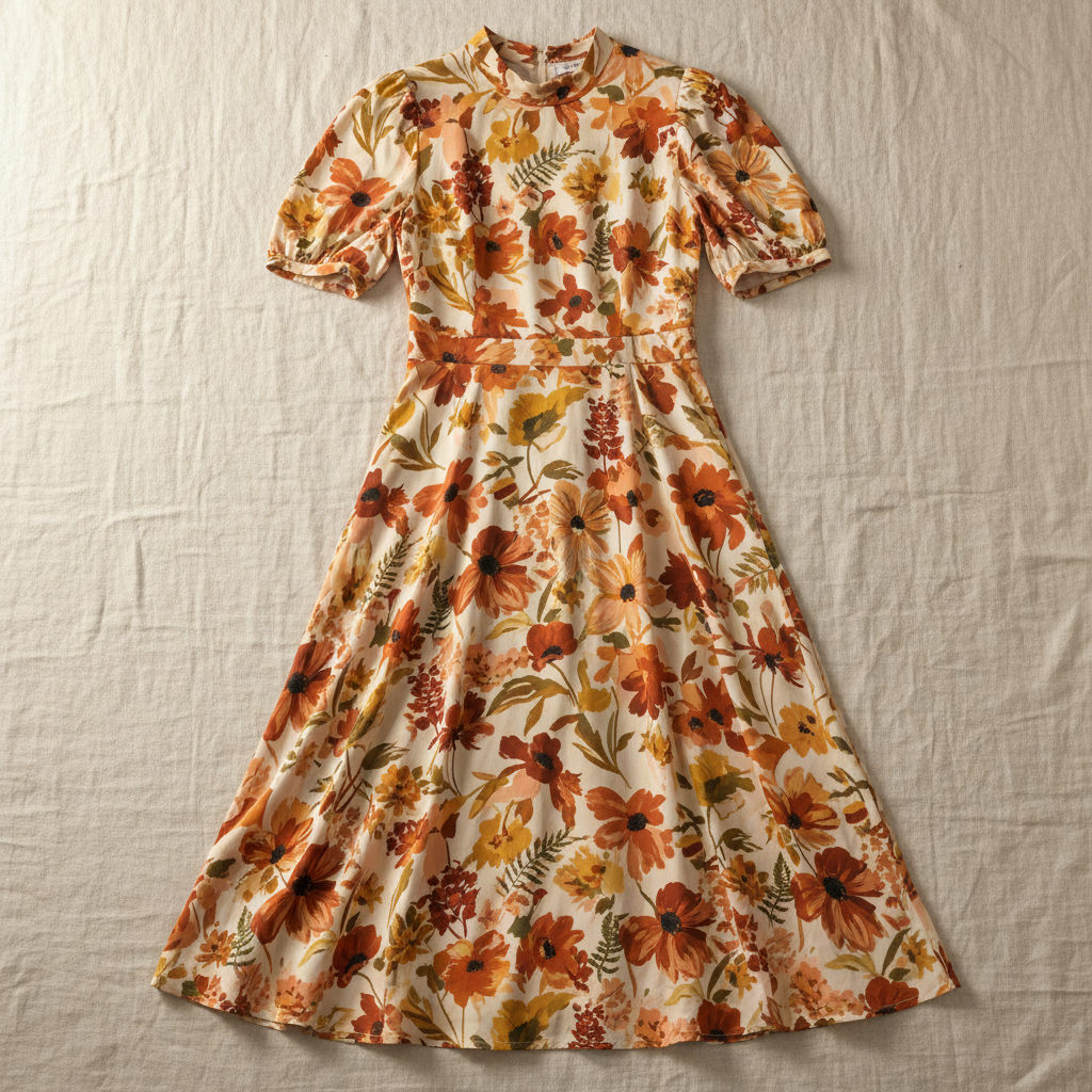 Vestido midi floral manga bufante em fundo claro, moda feminina elegante