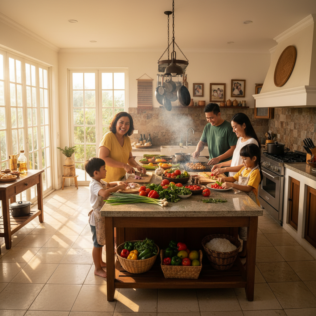 Bright airy kitchen with natural light streaming in, fresh herbs and colorful vegetables on marble counter, warm inviting atmosphere