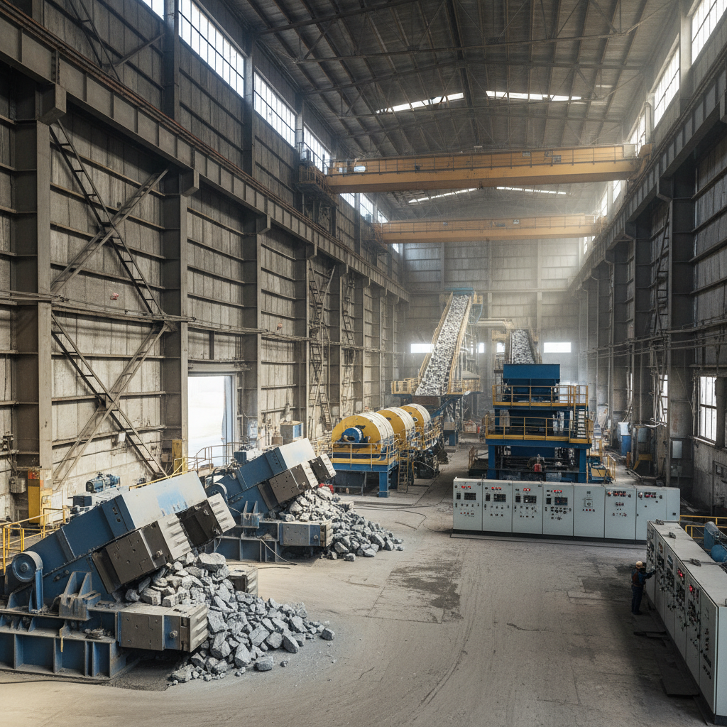 Mining equipment and processing plant with crushers and conveyors in industrial setting